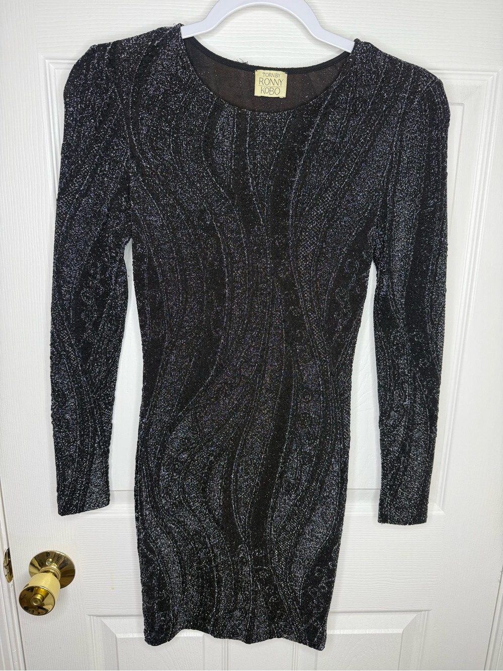 Torn by Ronny Kobo Black Metallic Shimmer Long Sleeve Mini Dress XS